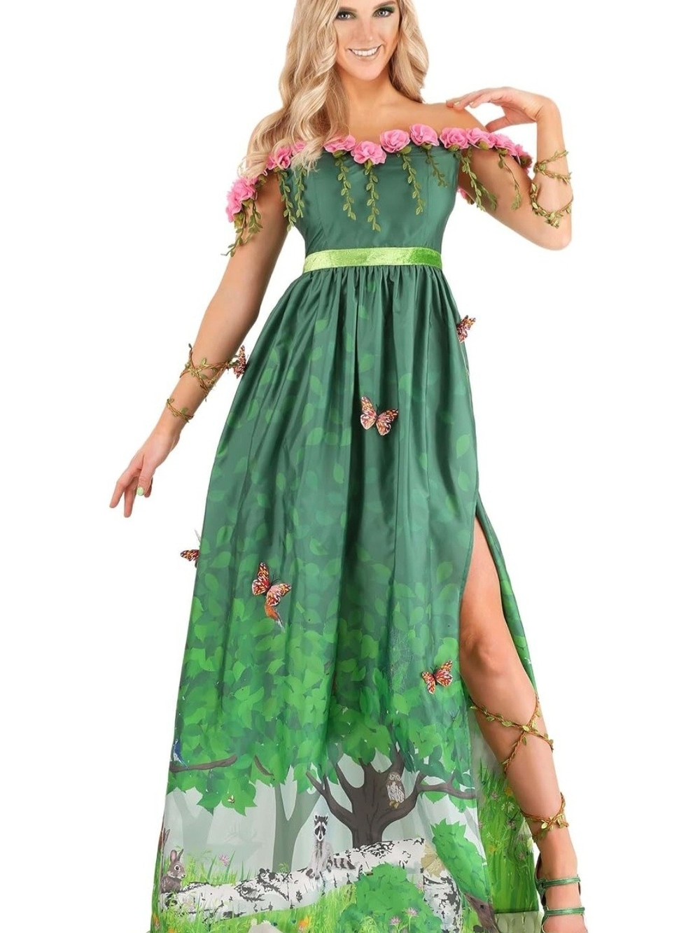 Green Floral Mother Nature Costume with Pink Rose Trim, Girl's SZ 12-14 - Picture 2 of 6